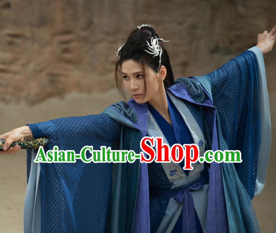 Chinese The Blue Whisper Qing Ji Garment Costumes Ancient Swordswoman Blue Clothing Xian Xia TV Series Fairy Dress Apparel