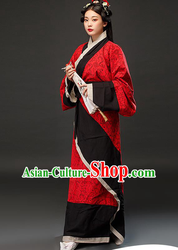 Chinese Han Dynasty Woman Red Dress Ancient TV Series Hanfu Clothing Traditional Curving Front Robe Costume