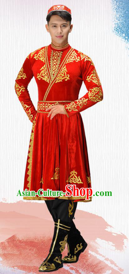 Chinese Uyghur Nationality Dance Costume Ethnic Male Group Dance Clothing Xinjiang Dance Red Outfit