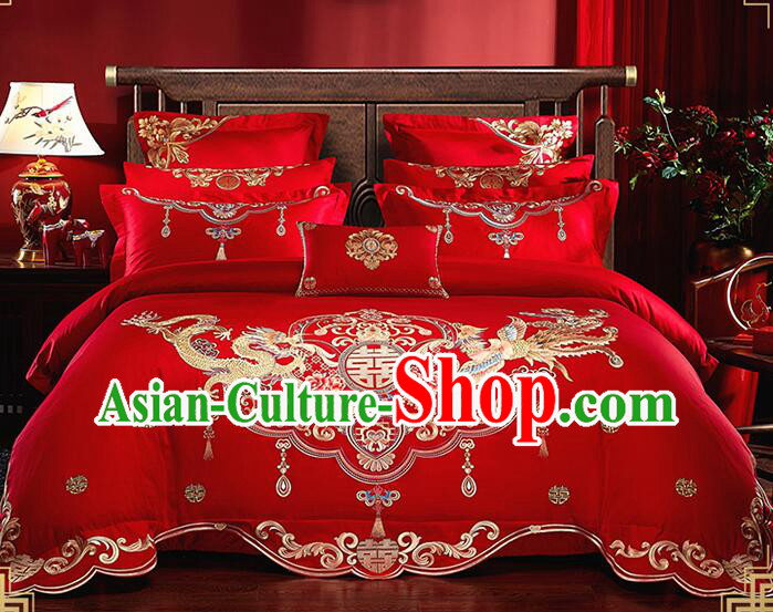 Top Long Staple Cotton Bedding Items Chinese Red Wedding Bedclothes Embroidery Dragon and Phoenix Four Pieces Set