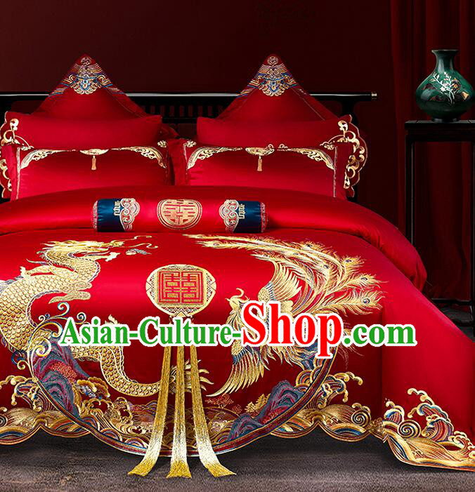 Chinese Wedding Bedclothes Embroidery Dragon and Phoenix Red Four Pieces Set Top Long Staple Cotton Bedding Items