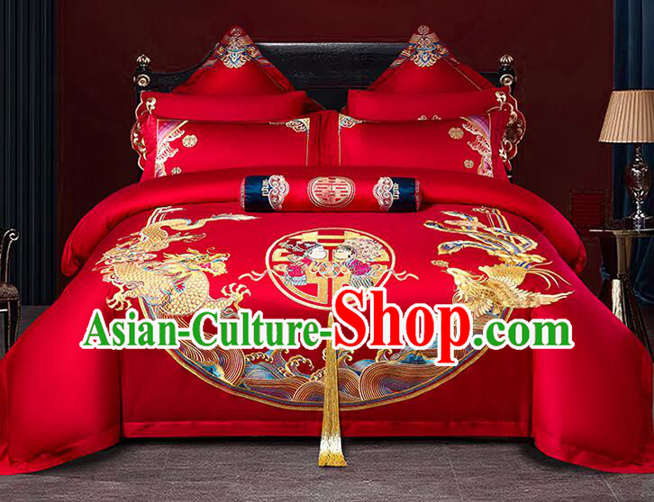 Chinese Long Staple Cotton Bedding Items Top Wedding Bedclothes Embroidery Dragon and Phoenix Red Four Pieces Set