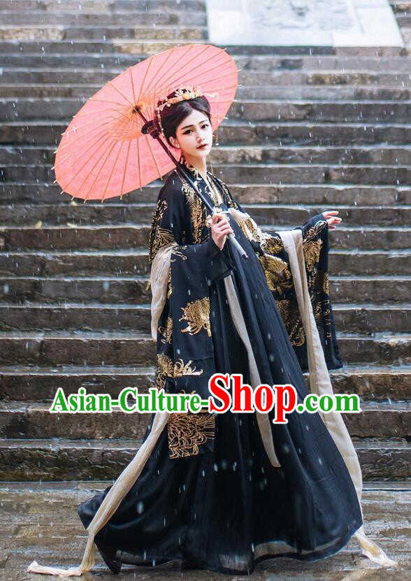 Chinese Ancient Fairy Garment Costumes Tang Dynasty Princess Black Ruqun Dresses Traditional Hanfu Clothing