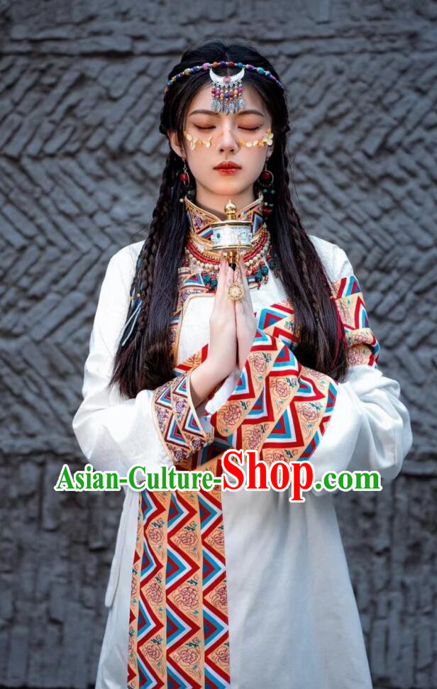 Chinese Zang Nationality Lady White Dress Stage Performance Clothing Tibetan Ethnic Garment Costumes