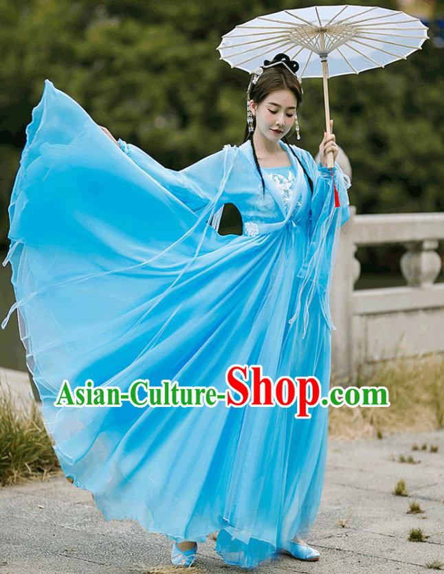 Chinese TV Series Peri Garment Costumes Ancient Princess Clothing Tang Dynasty Goddess Blue Dress