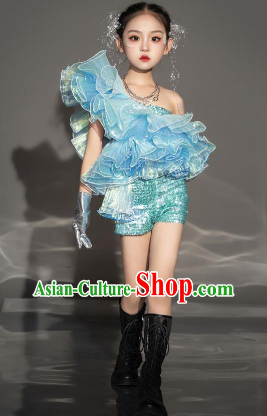 Fashion Catwalks Blue Outfit Modern Fancywork Garment Costume Children Girls Stage Show Clothing
