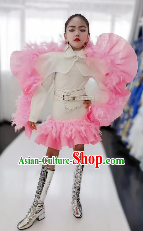 Girls Stage Show Clothing Children Fashion Catwalks Pink Feather Outfit Modern Fancywork Garment Costume