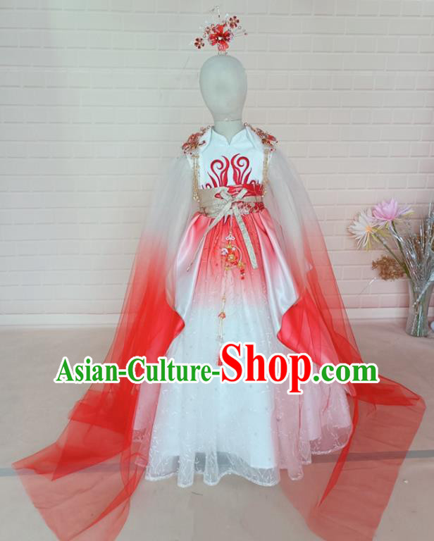 Chinese Stage Show Oriental Beauty Clothing Children Fashion Catwalks White Veil Dress Girls Modern Fancywork Garment Costume
