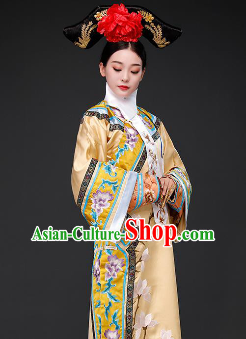 Chinese Ancient Imperial Consort Clothing Qing Dynasty Court Garment Costumes Empress Light Golden Dress