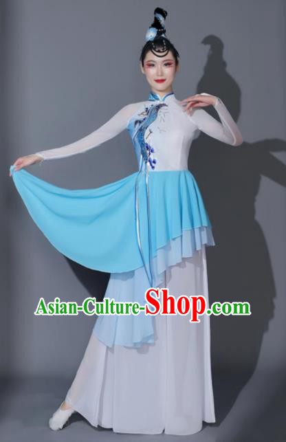 Chinese Classical Dance Garment Umbrella Dance Costumes Fan Dance Blue Dress Dancing Competition Clothing