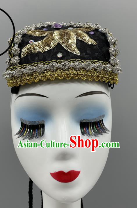Chinese Stage Performance Braids Headpiece Xinjiang Dance Embroidered Hat Uyghur Nationality Dance Black Hat Ethnic Woman Dance Headwear
