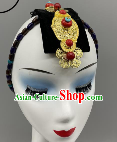 Chinese Folk Dance Headpiece Zang Nationality Dance Headdress Tibetan Dance Braid Hair Jewelry Ethnic Woman Performance Headwear