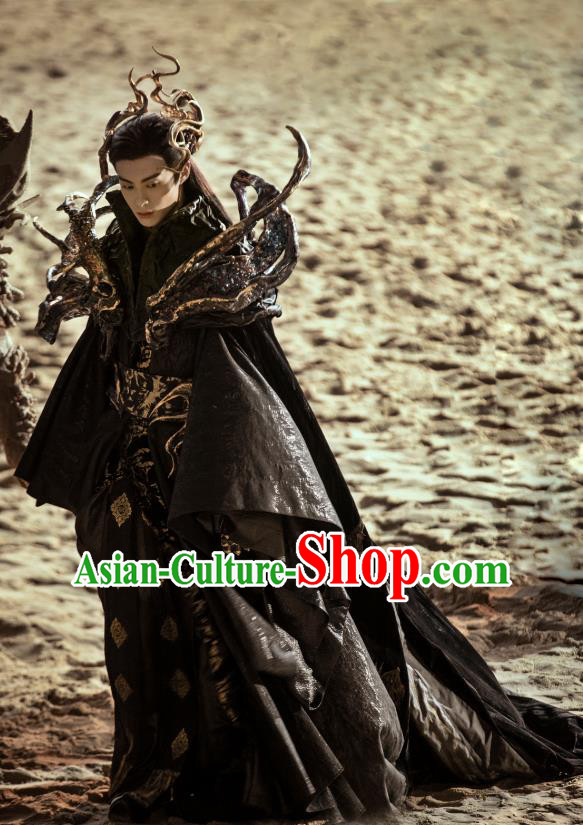 Chinese Ancient Demon Lord Garment Costumes TV Series Love Between Fairy and Devil Dongfang Qing Cang Black Clothing