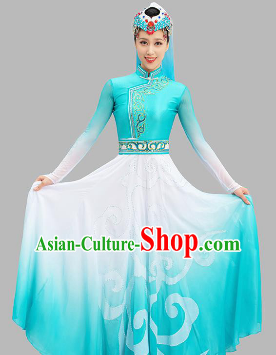 Chinese Classical Dance Blue Dress Mongol Nationality Dance Suit Ethnic Folk Dance Garment Costume and Headpiece