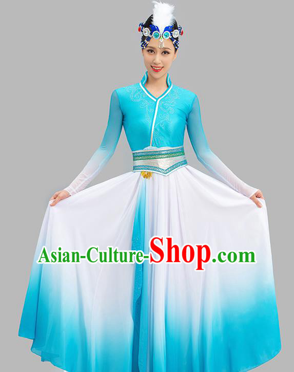Chinese Mongol Nationality Dance Garment Costume Mongolian Dance Light Blue Dress Ethnic Dance Suit