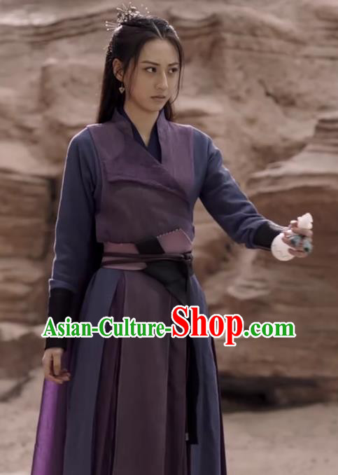 Chinese TV Series Female Warrior Clothing The Blue Whisper Xue San Yue Garment Costumes Ancient Swordswoman Purple Dresses
