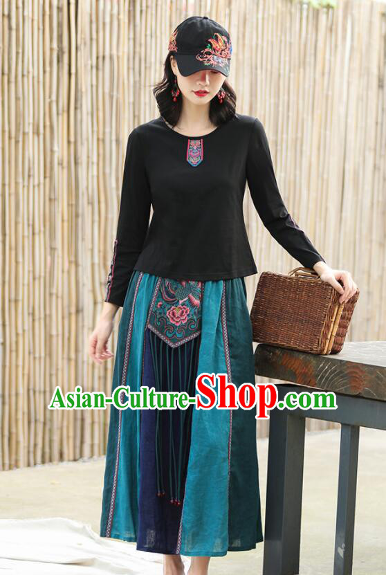Traditional Chinese Dark Green Skirt National Pleated Skirt Elegant Embroidery Long Green Dress Women Bust Skirt