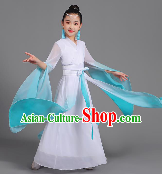 Chinese Children Stage Performance Garment Costume Water Sleeve Clothing Professional Classical Dance Cyan Dress