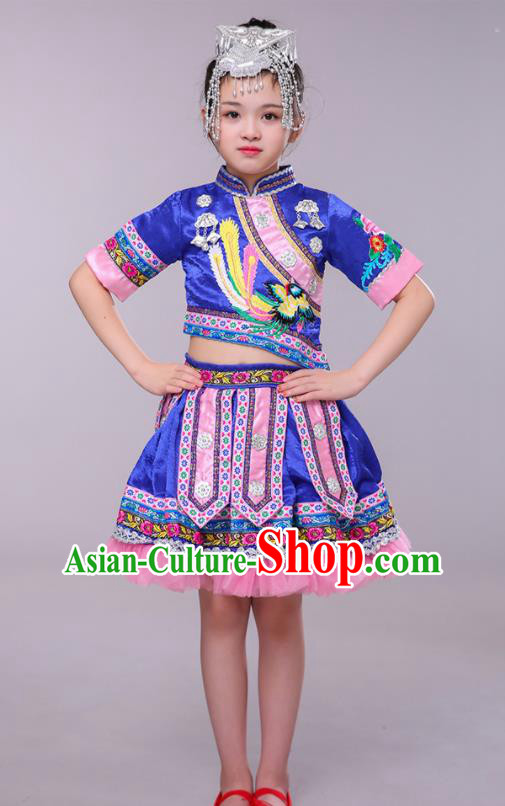 China Yi Minority Children Folk Dance Costume Yao Nationality Royal Blue Dress Ethnic Festival Clothing