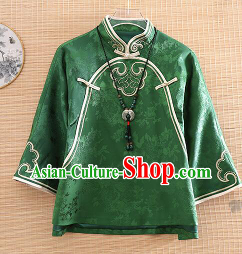Chinese Deep Green Long Sleeves Shirt Traditional Cheongsam Blouse Embroidered Qipao Upper Outer Garment