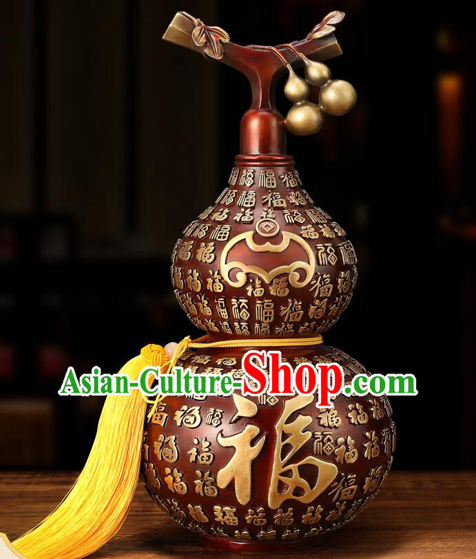 Chinese Brass Craft Lucky Wine Flagon Copper Water Bottle Handmade Carving Gourd Bottle