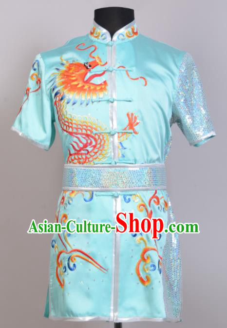 Chinese Embroidered Dragon Light Blue Outfit Martial Arts Changquan Uniforms Kung Fu Costumes Traditional Wushu Competition Clothing