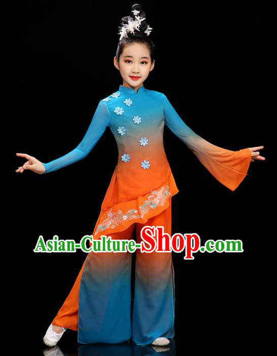 Chinese Folk Dance Garment Costumes Yangko Dance Blue and Orange Uniform Stage Performance Dancewear Children Fan Dance Clothing