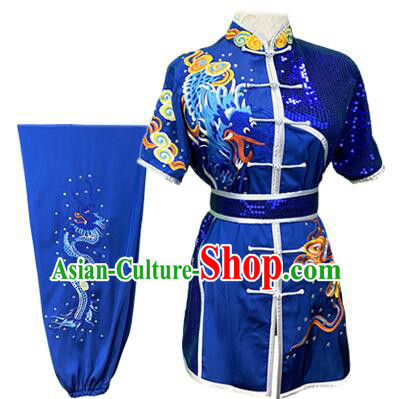 Chinese Embroidered Dragon Royal Blue Outfit Martial Arts Changquan Uniforms Kung Fu Costumes Traditional Wushu Competition Clothing