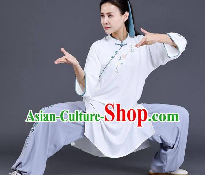 Chinese Tai Chi Training Costumes Tai Ji Chuan White Outfits Traditional Shadow Boxing Embroidered Clothing