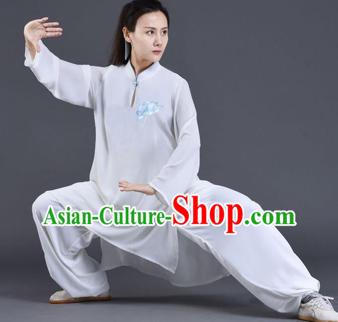 Chinese Traditional Shadow Boxing Embroidered Lotus Clothing Tai Chi Training Costumes Tai Ji Chuan Performance White Outfits
