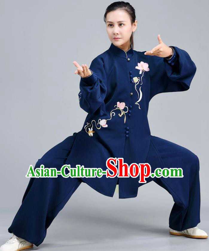 Chinese Traditional Embroidered Lotus Shirt and Pants Tai Chi Training Clothing Tai Ji Chuan Competition Midnight Blue Outfits