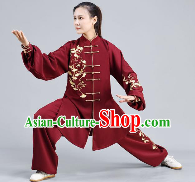 Chinese Tai Ji Chuan Training Maroon Outfits Traditional Embroidered Ginkgo Leaf Shirt and Pants Tai Chi Performance Clothing