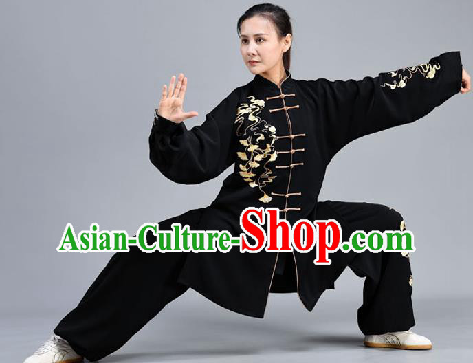 Chinese Tai Chi Performance Clothing Tai Ji Chuan Training Black Outfits Traditional Embroidered Ginkgo Leaf Shirt and Pants