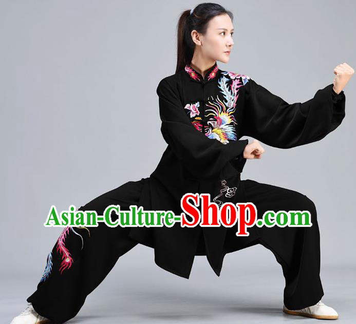 Chinese Traditional Embroidered Phoenix Shirt and Pants Tai Chi Kung Fu Clothing Tai Ji Chuan Training Black Outfits