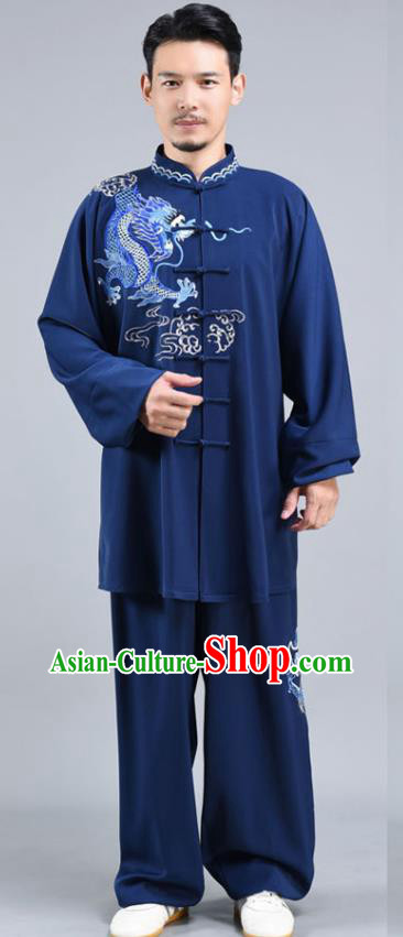 Chinese Tai Ji Performance Midnight Blue Outfits Traditional Embroidered Dragon Shirt and Pants Tai Chi Competition Clothing
