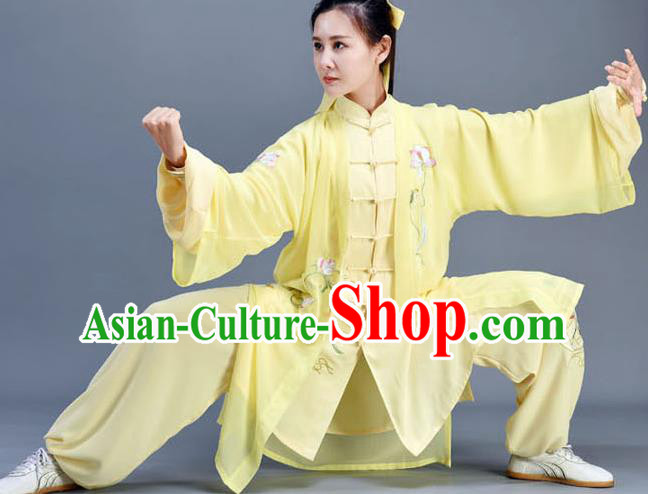 Chinese Tai Chi Competition Clothing Tai Ji Performance Yellow Outfits Traditional Kung Fu Garments Embroidered Lotus Uniform