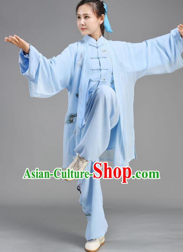 Chinese Tai Chi Competition Clothing Tai Ji Performance Outfits Traditional Kung Fu Garments Embroidered Pine Light Blue Uniform