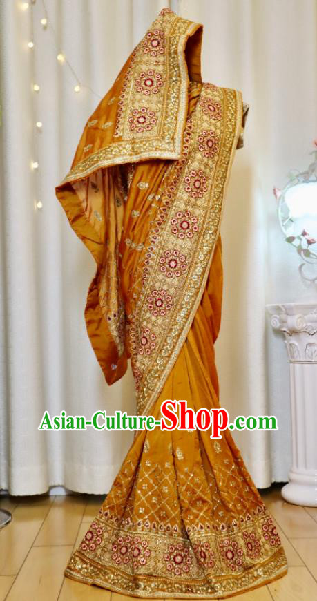 India Ginger Sari Asian Traditional Garment Costumes Indian Wedding Dress Bride Embroidered Clothing