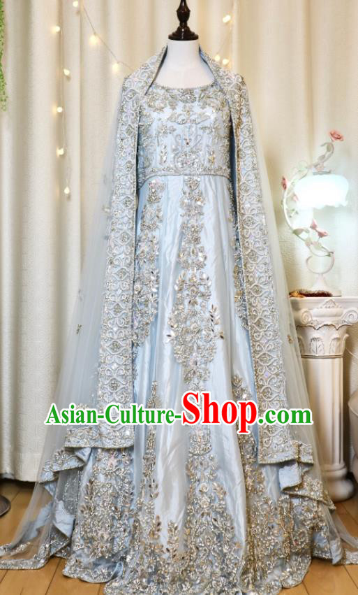 Top Embroidered Light Blue Lengha Outfit India Bride Clothing Traditional Garment Costumes Indian Wedding Dress