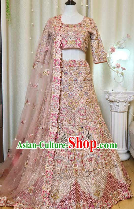 Indian Traditional Garment Costumes Wedding Dress Top Embroidered Pink Lengha Outfit India Bride Clothing