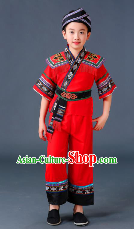 Chinese Yi Nationality Children Red Outfits Ethnic Festival Costumes Miao Minority Folk Dance Clothing