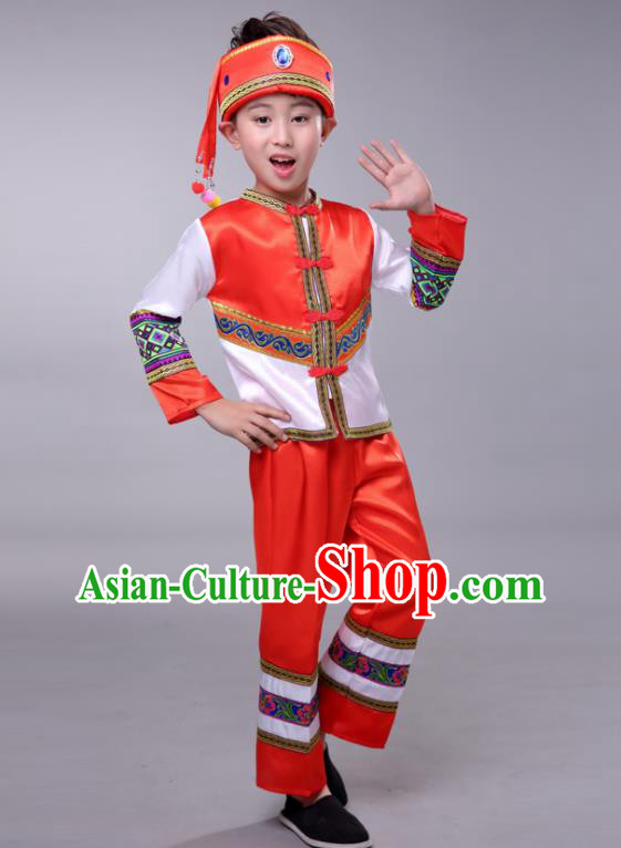 Chinese Ethnic Festival Costumes Tujia Minority Folk Dance Clothing Yi Nationality Boy Red Outfits