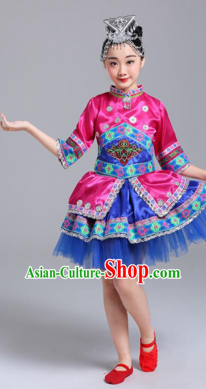 Chinese Yi Minority Folk Dance Clothing Guangxi Nationality Girl Megenta Dress Outfits Zhuang Ethnic Festival Costumes