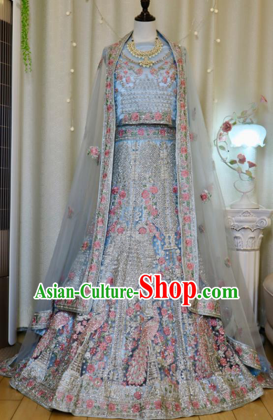 India Traditional Lengha Garment Top Embroidered Blue Dress Outfit Indian Wedding Clothing