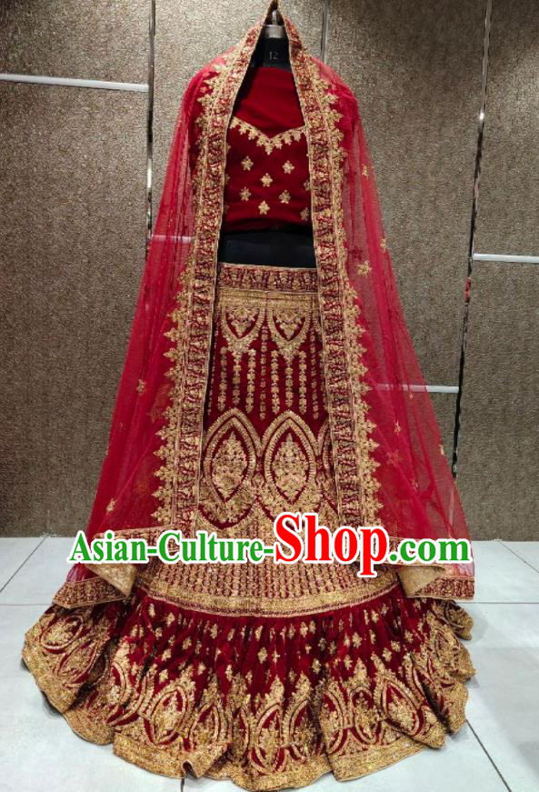 India Traditional Bride Lengha Garment Top Embroidered Red Velvet Dress Outfit Indian Wedding Clothing