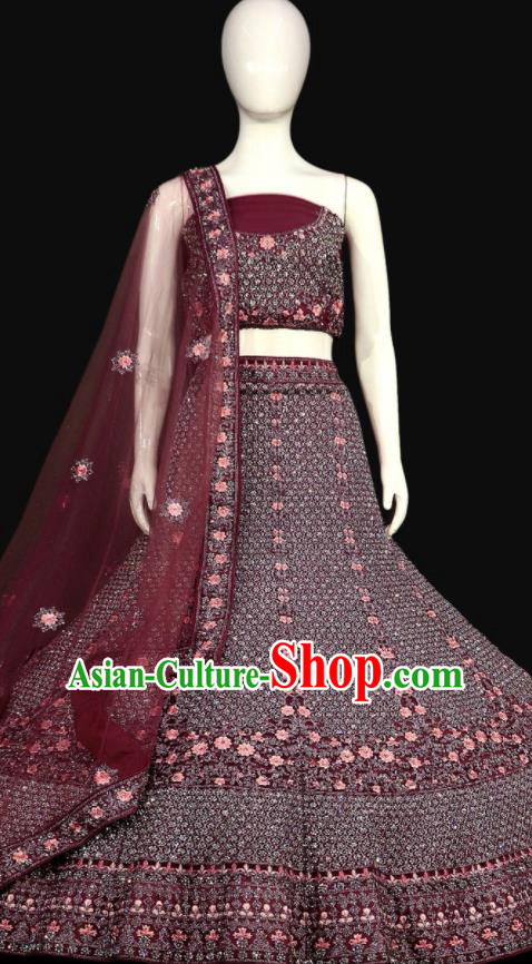 Indian Traditional Embroidered Wine Red Dress Outfit Wedding Clothing Top India Bride Lengha Garment