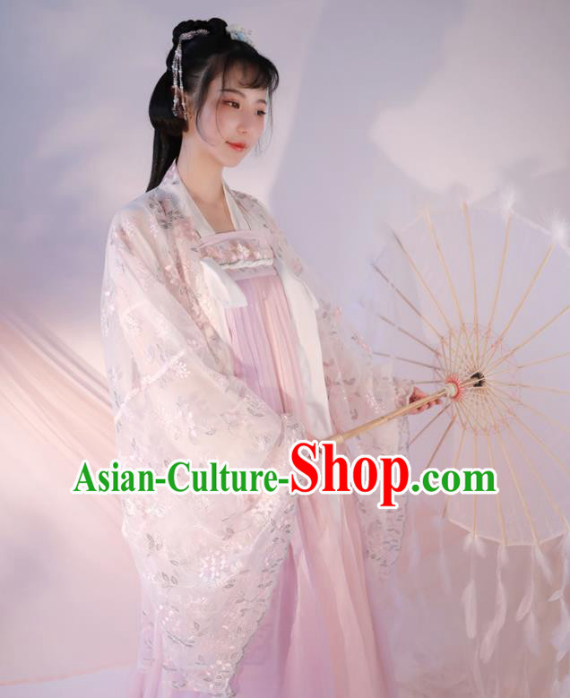 Chinese Traditional Hanfu Clothing Ancient Young Lady Pink Dress Tang Dynasty Princess Costumes