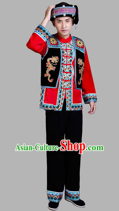 Chinese Ethnic Festival Performance Costumes Tujia Minority Folk Dance Clothing Yi Nationality Men Outfits