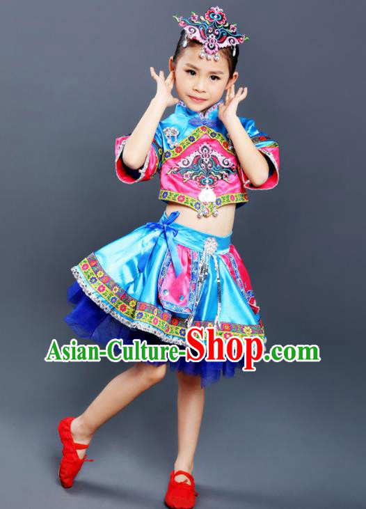 Chinese Yi Nationality Blue Dress Outfits Ethnic Folk Dance Costumes She Minority Children Festival Clothing