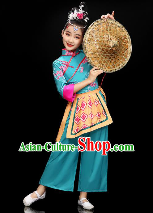 Chinese Children Folk Dance Clothing Group Dance Garment Costume Fan Dance Blue Uniform Traditional Tea Leaf Picking Dancewear